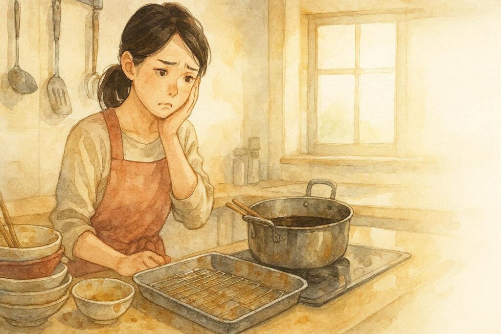 揚げ物の洗い物の減らし方で悩む女性